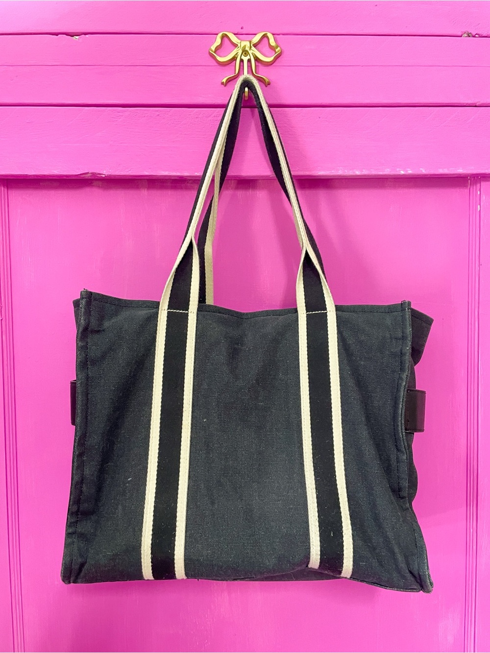 Target Black Canvas Tote with Cream Stripe Handles